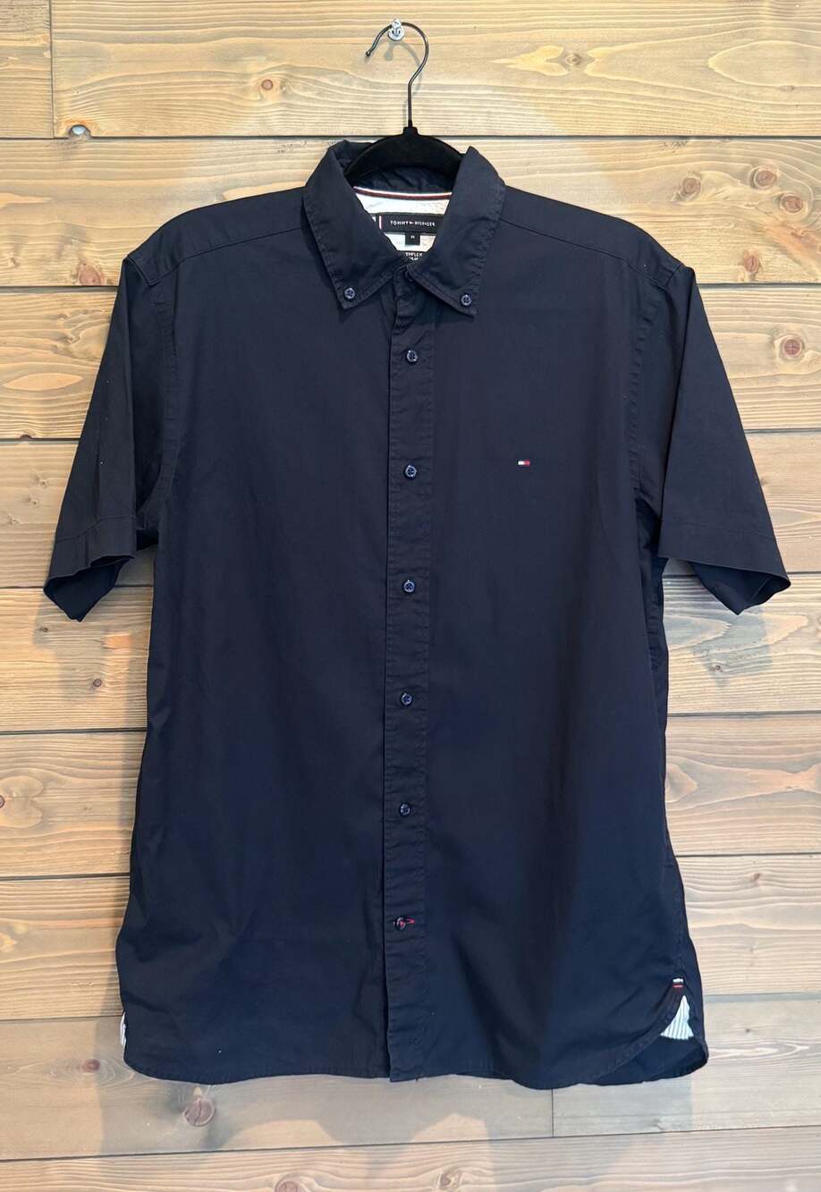 Tommy Hilfiger Men's TH Flex Regular Fit Short-Sleeve Poplin Shirt Navy Size M